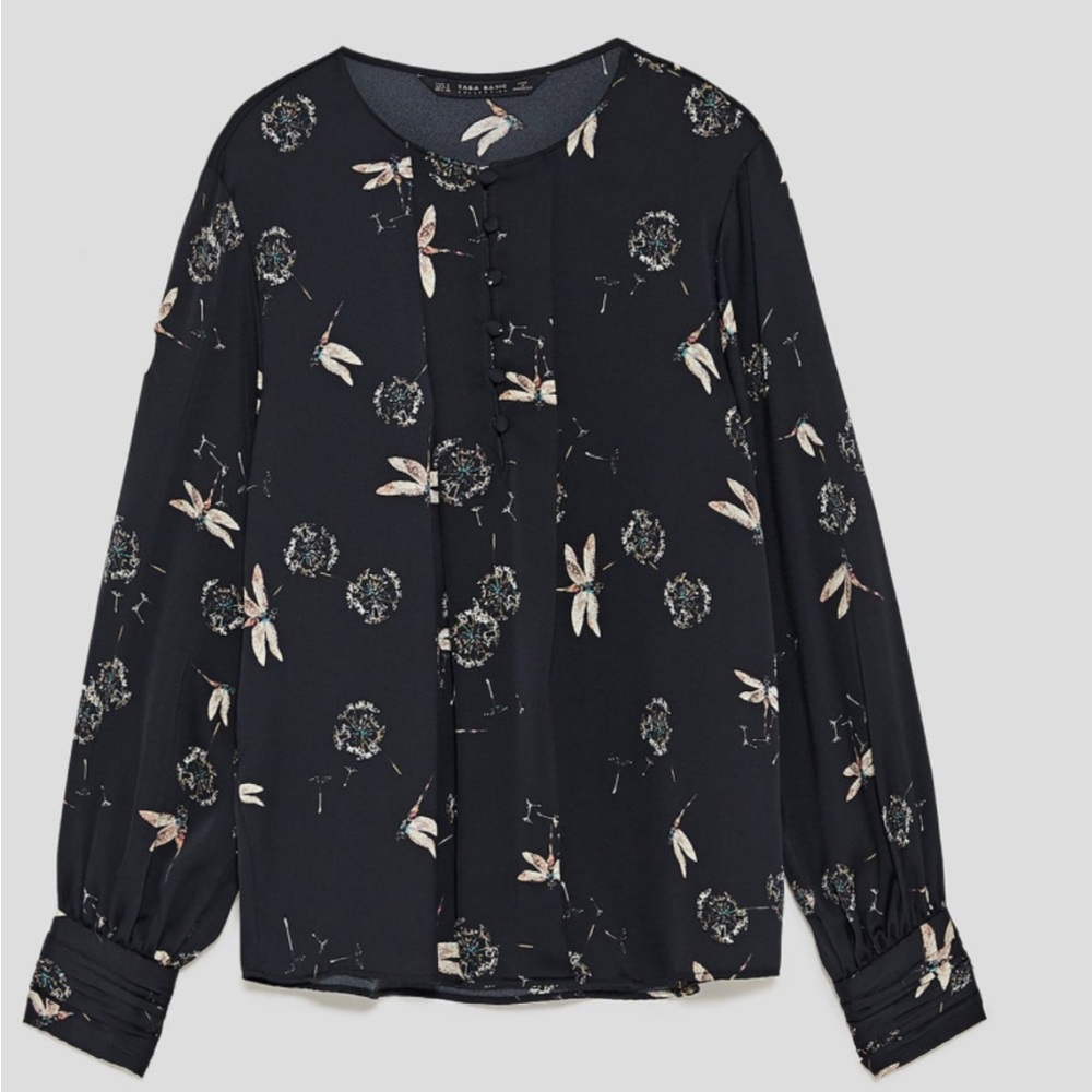 Floral Print Long-Sleeve Blouse - Black